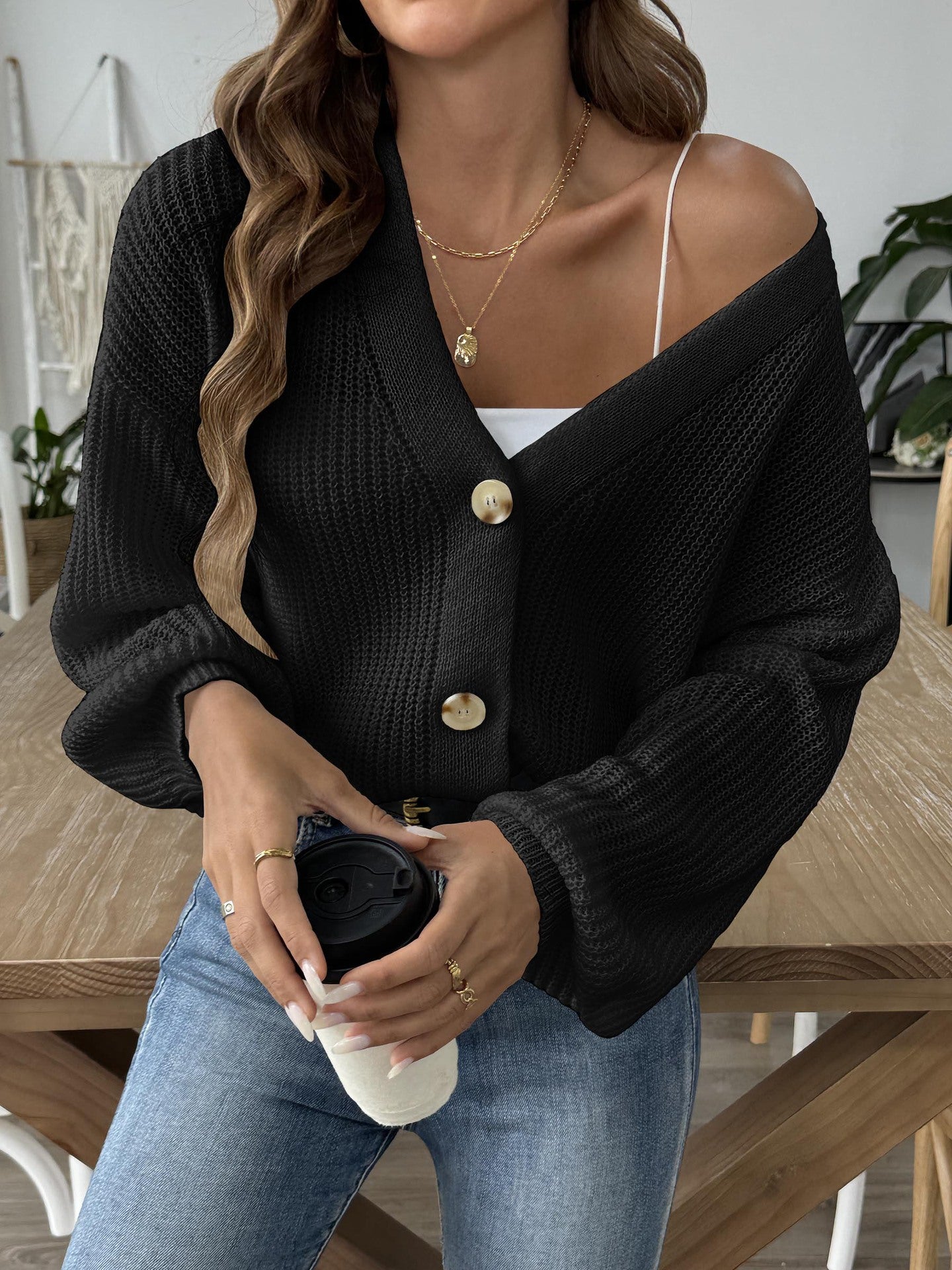 Women's Clothing Autumn and Winter Solid Color Simple Short Button Jacket Sweater Cardigan