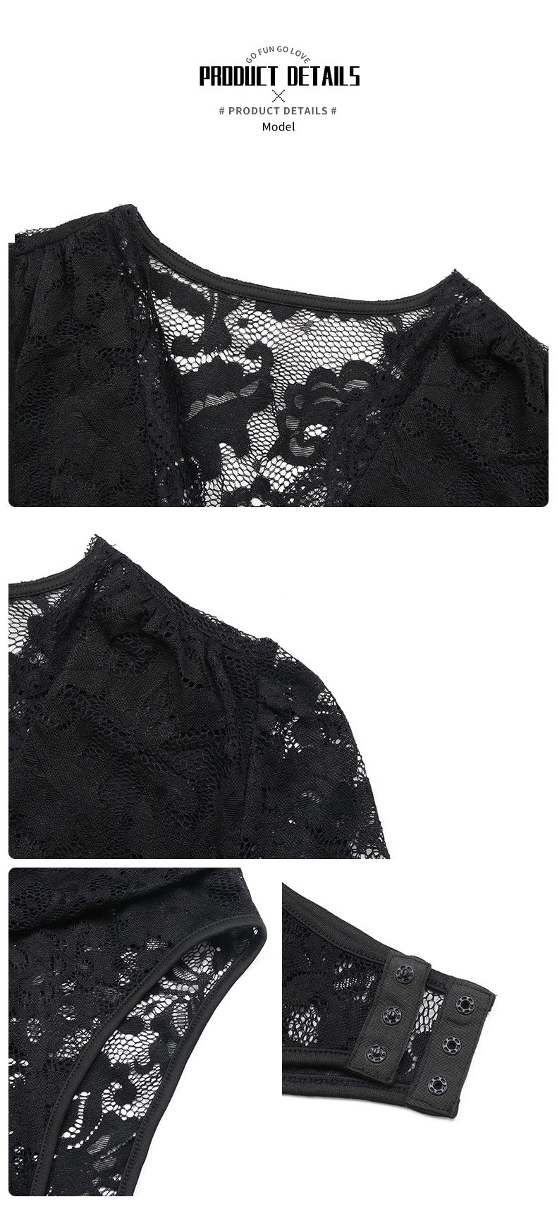 Women's Black Lace Bodysuit Long Sleeve Deep V Neck