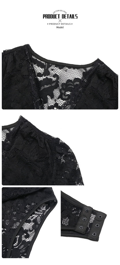 Women's Black Lace Bodysuit Long Sleeve Deep V Neck