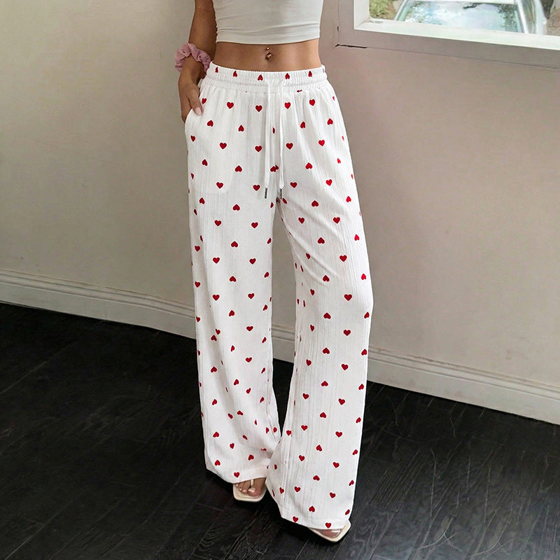 Heart Print Wide-Leg Pants Casual Summer Lounge Trousers