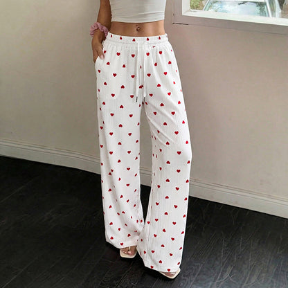 Heart Print Wide-Leg Pants Casual Summer Lounge Trousers