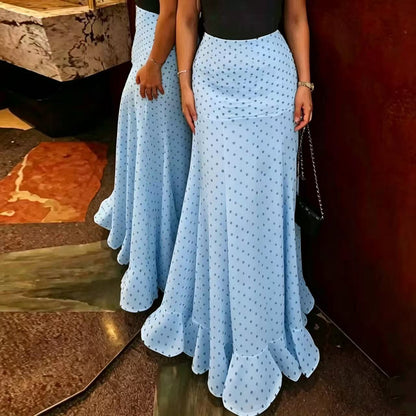 Women's Polka Dot High Waist Chiffon Maxi Skirt Ruffle Hem