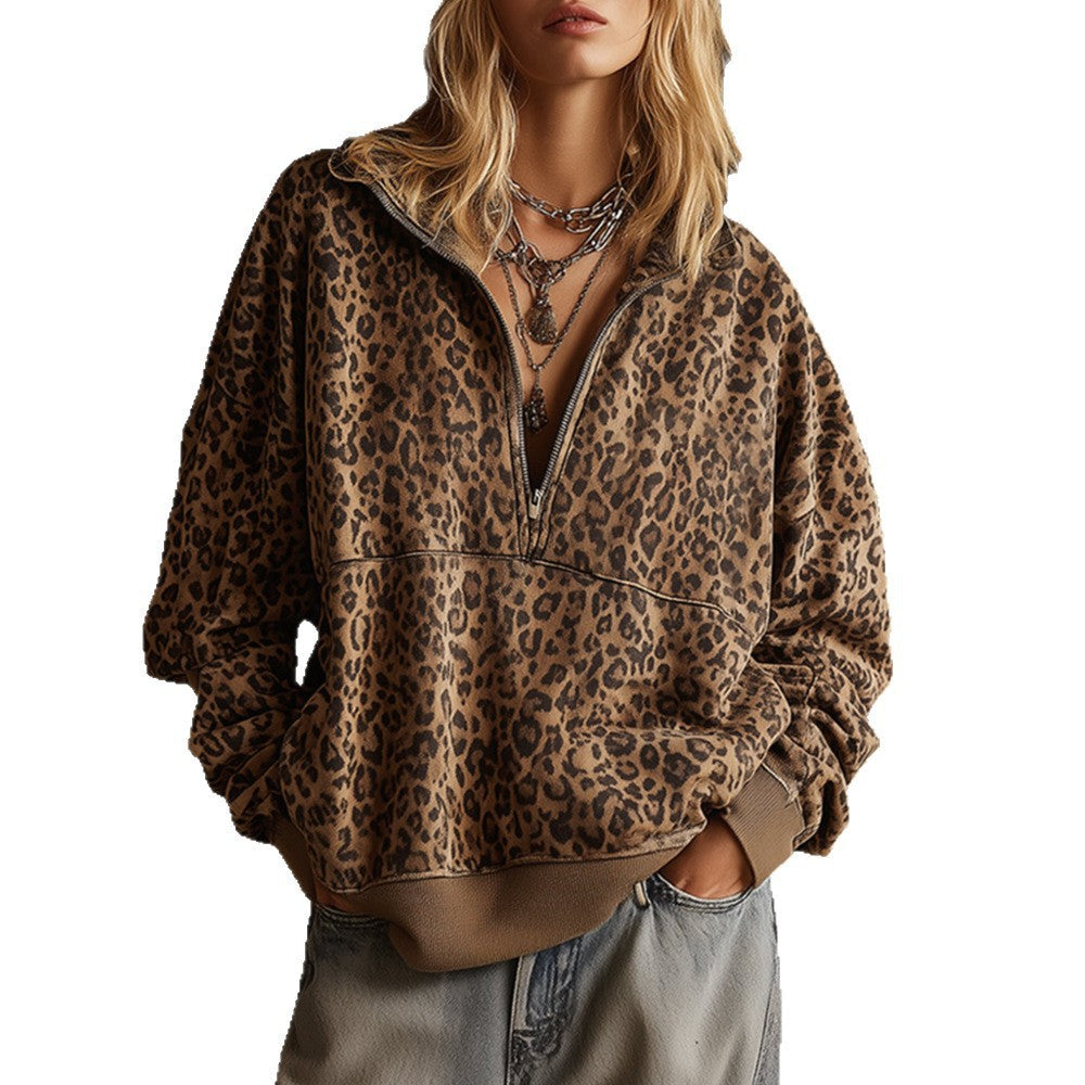 Leopard Print Half Zip Oversized Pullover Sweatshirt
