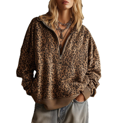 Leopard Print Half Zip Oversized Pullover Sweatshirt