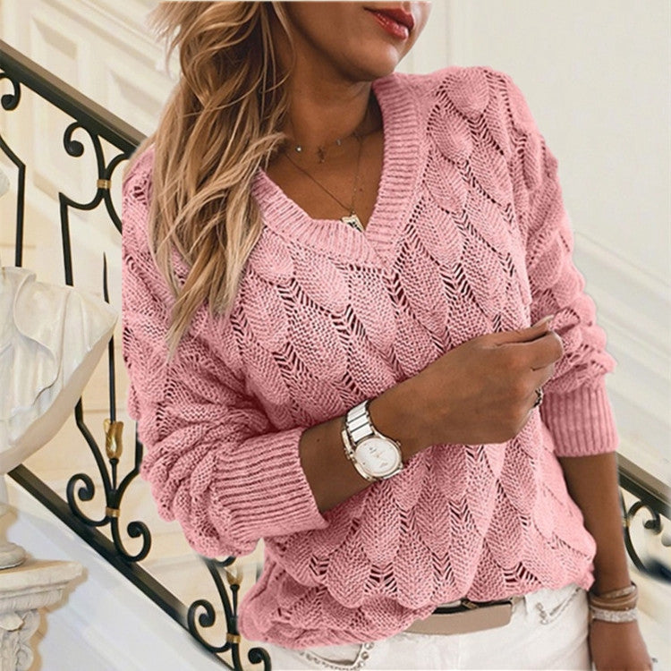 Women's Oversized V-Neck Long Sleeve Crochet Sweater