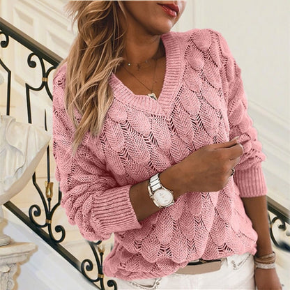 Women's Oversized V-Neck Long Sleeve Crochet Sweater