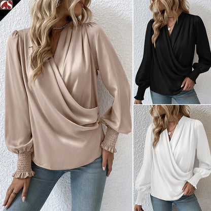 Women's Cowl Neck Blouse Balloon Sleeve Smocked Cuff Top