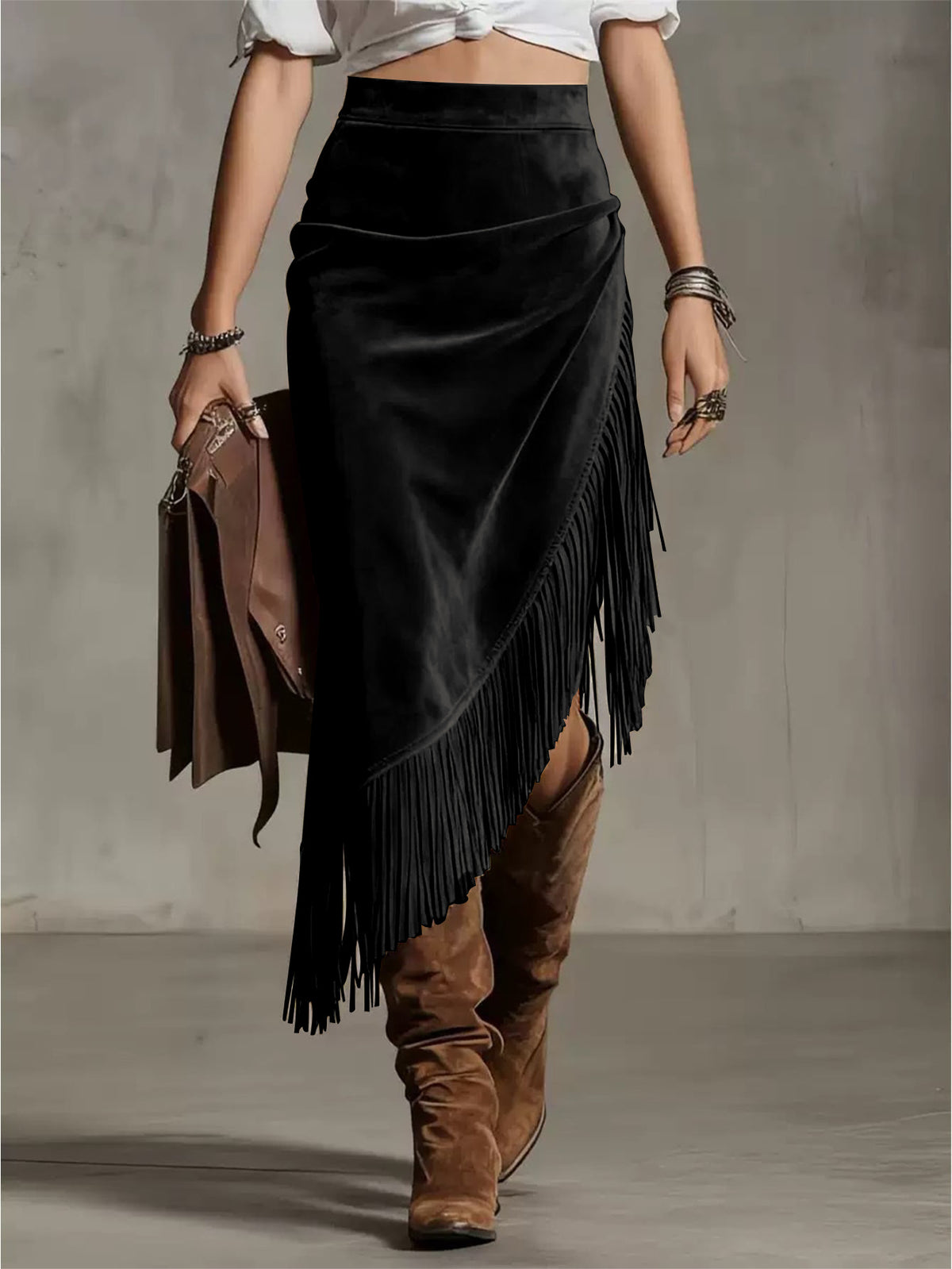 Western Fringe Faux Suede Midi Skirt Asymmetric