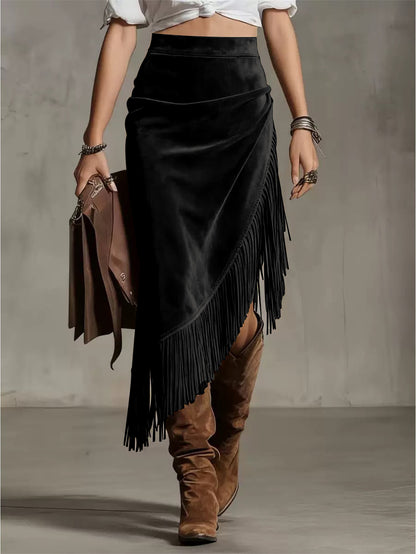 Western Fringe Faux Suede Midi Skirt Asymmetric