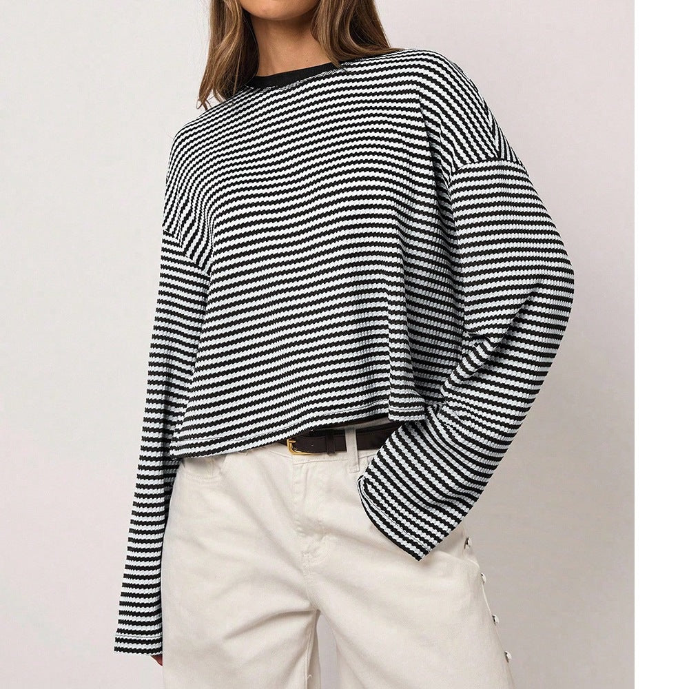Brown Striped Long Sleeve Knit Top Oversized Casual Tee
