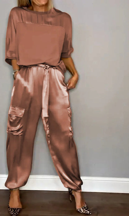 Women's Satin Cargo Joggers Half Sleeve Two Piece Set
