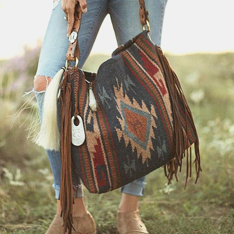 Boho Woven Canvas Tassel Shoulder Bag for Women