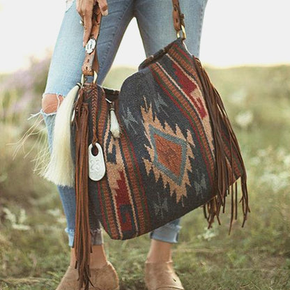 Boho Woven Canvas Tassel Shoulder Bag for Women