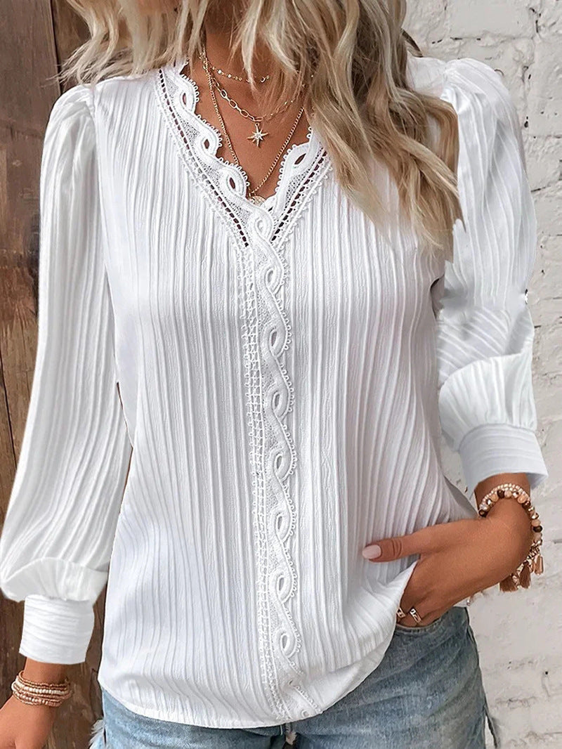 Lace Trim V Neck Blouse Long Sleeve Elegant Top
