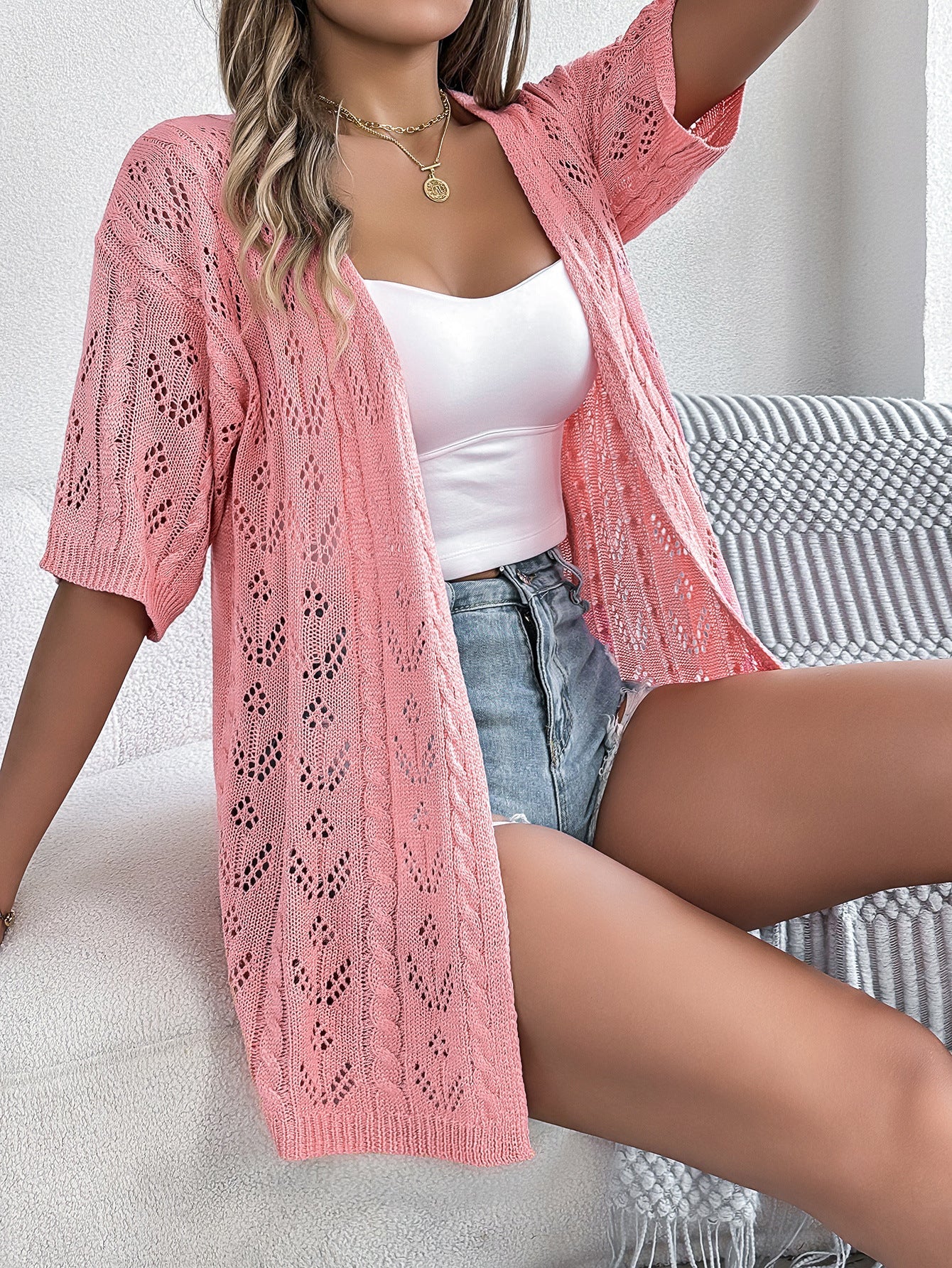 White Crochet Open Front Knit Cardigan Short Sleeve Cover Up
