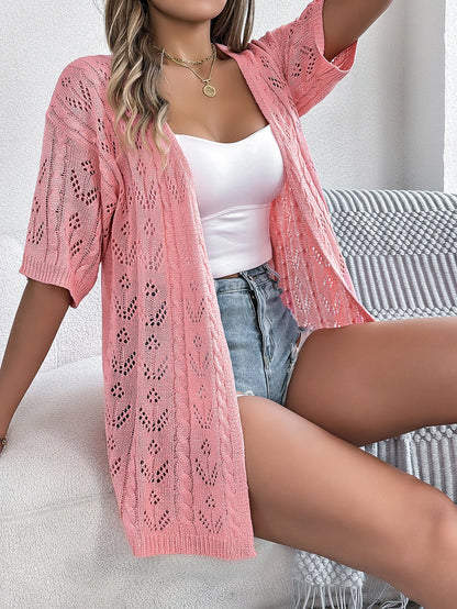 White Crochet Open Front Knit Cardigan Short Sleeve Cover Up
