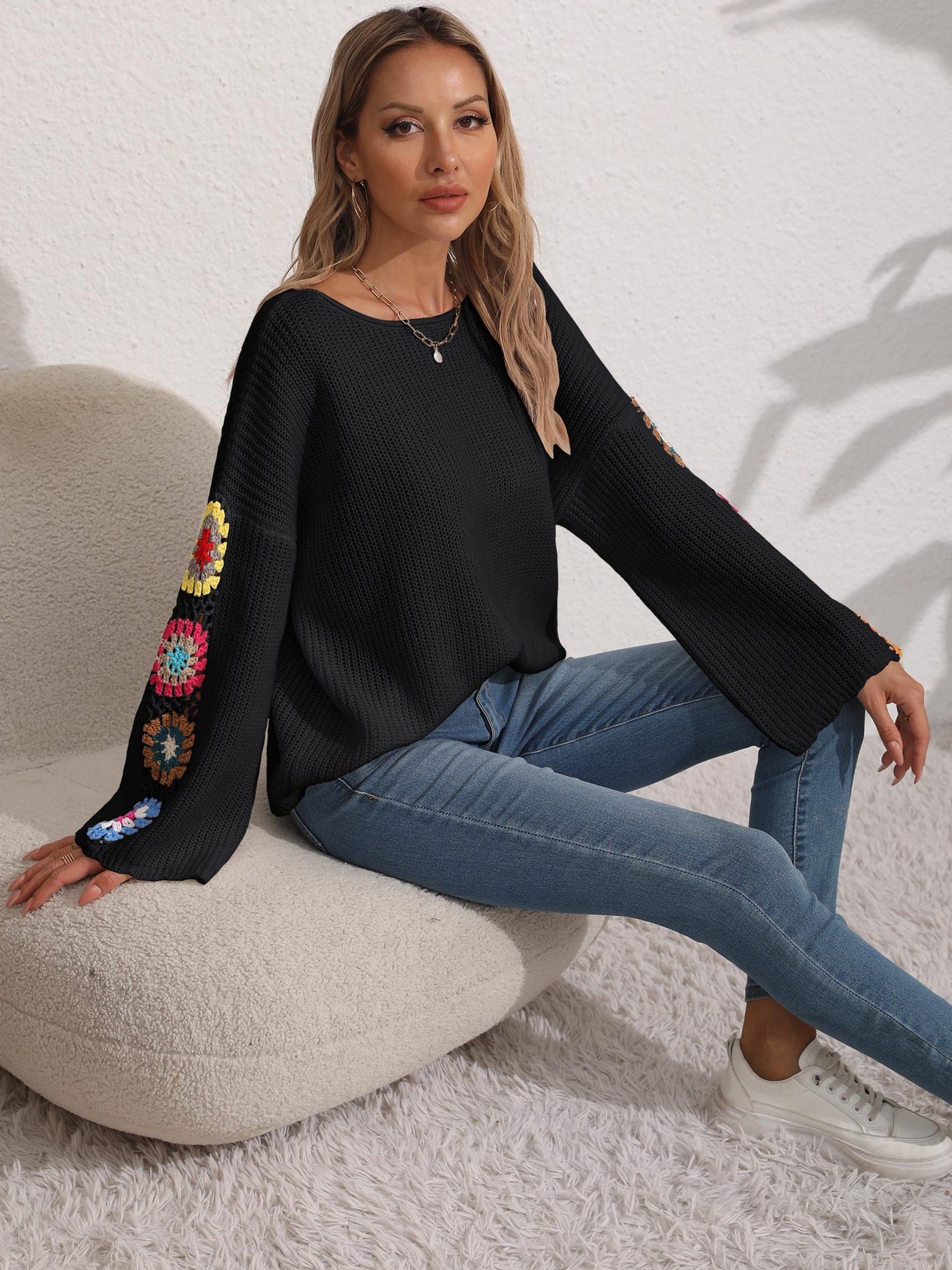 Women's Clothing One-word Collar Off-the-shoulder Hand Hook Flower Splicing Sweater