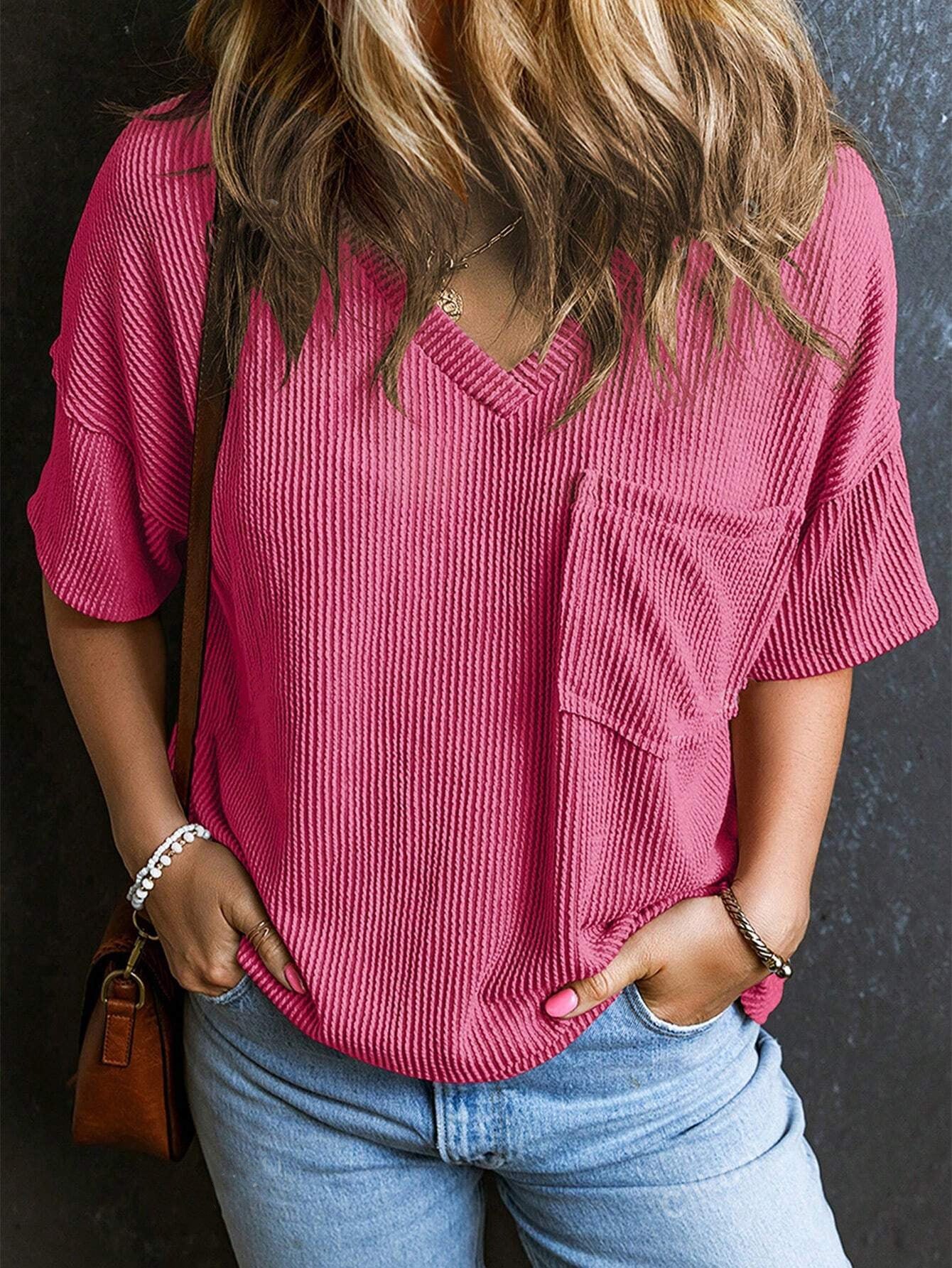 Women’s Ribbed V Neck Short Sleeve Pocket Tee