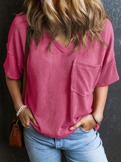 Women’s Ribbed V Neck Short Sleeve Pocket Tee