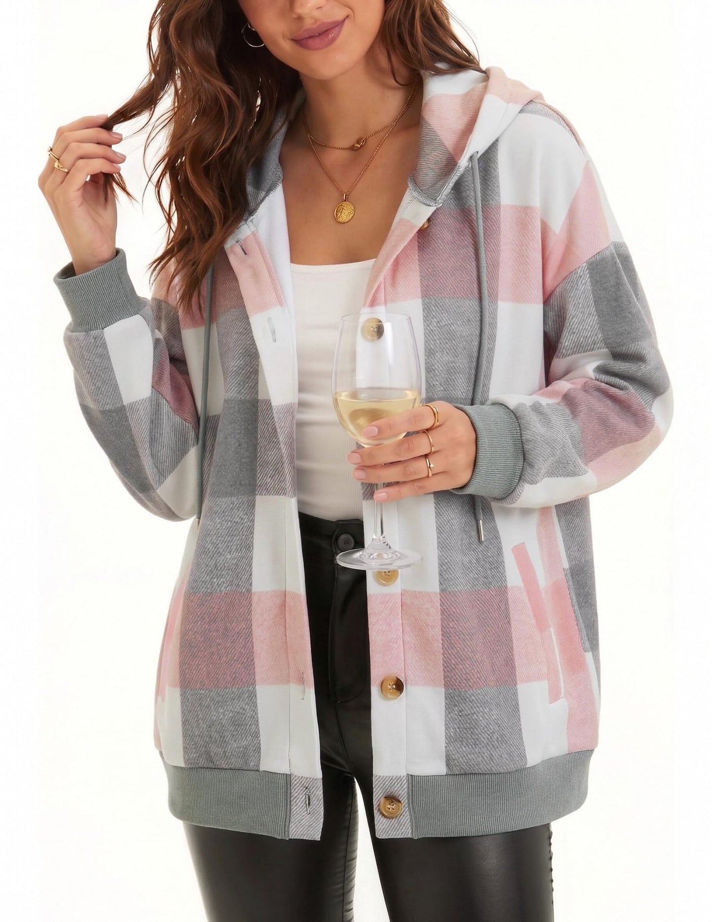 Women's Oversized Hooded Plaid Shacket Jacket