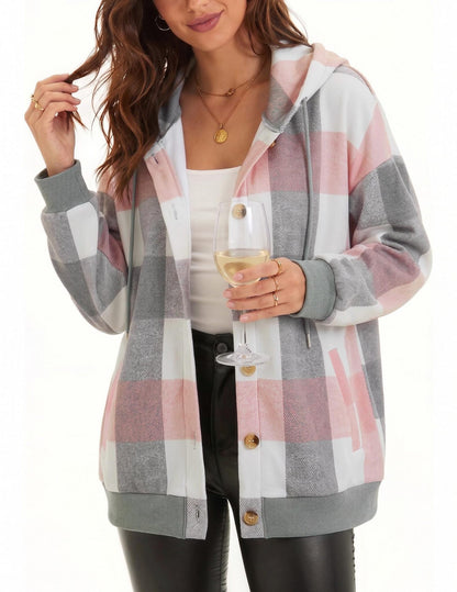 Women's Oversized Hooded Plaid Shacket Jacket