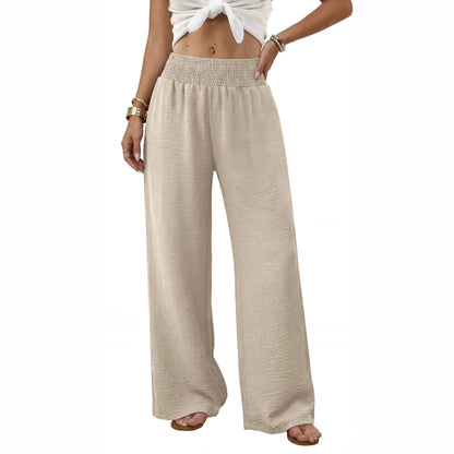 Women High Waisted Wide Leg Smocked Casual Pants