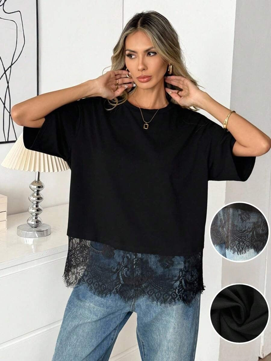 Solid Lace Trim T Shirt Loose Fit Round Neck Top