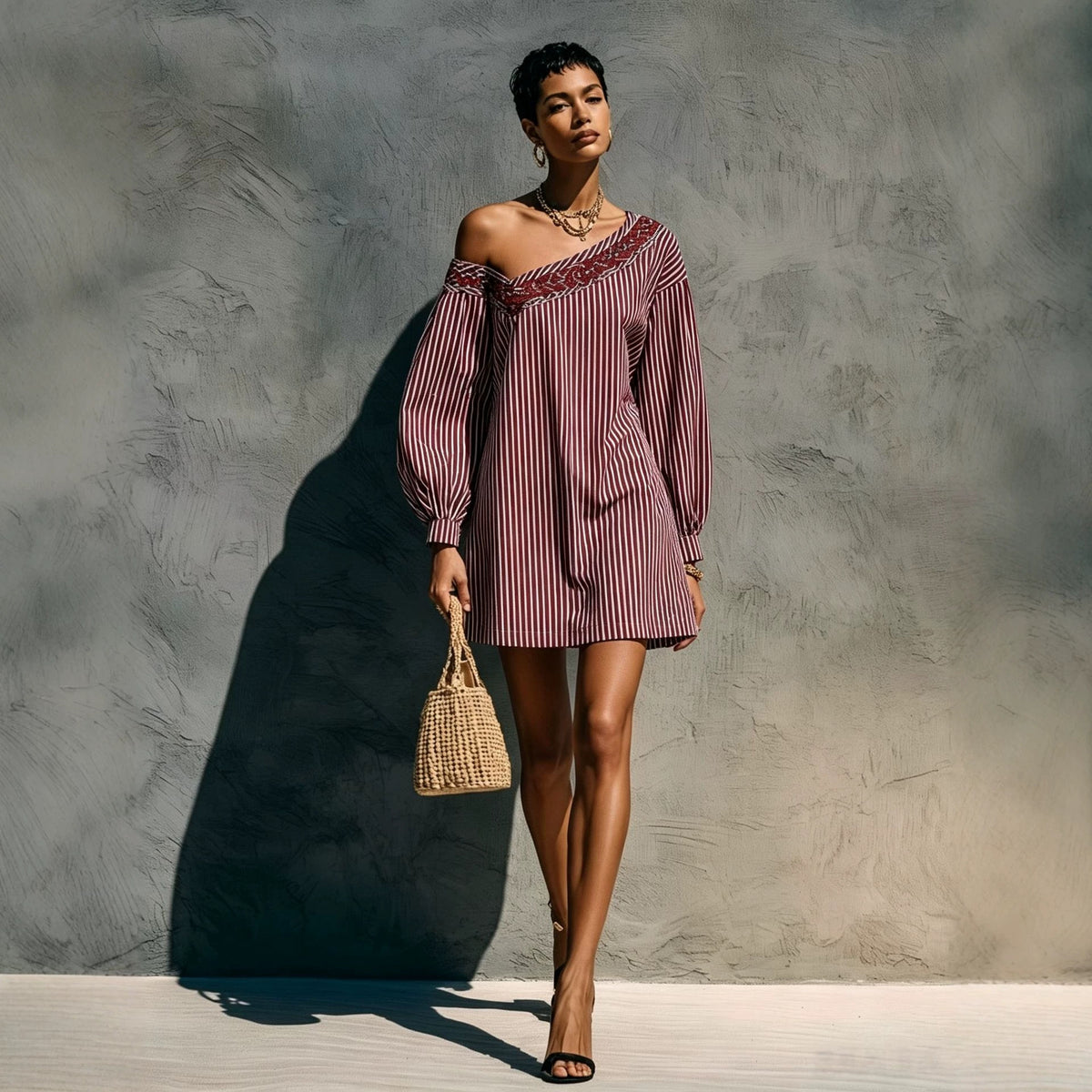 One Shoulder Striped Embroidered Lantern Sleeve Mini Dress