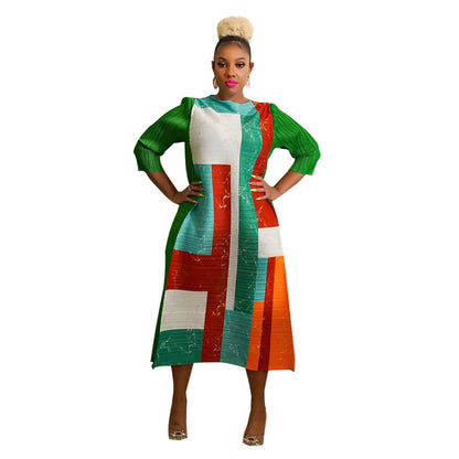 Women's Geometric Pleated Maxi Dress 3/4 Sleeve Colorful