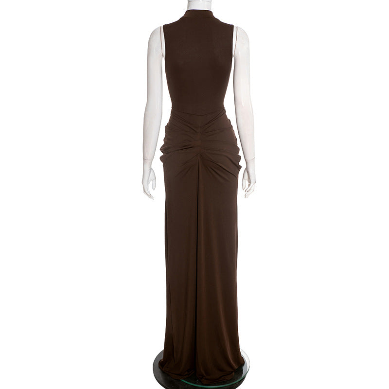 Women's Mock Neck Sleeveless Ruched Bodycon Maxi Dress