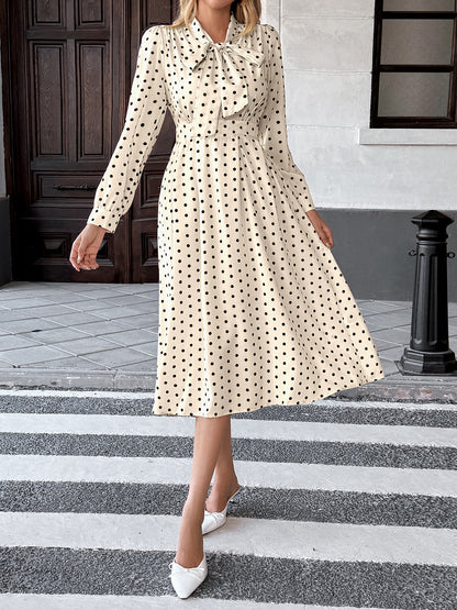 Polka Dot Bow Tie Long Sleeve A-Line Midi Dress