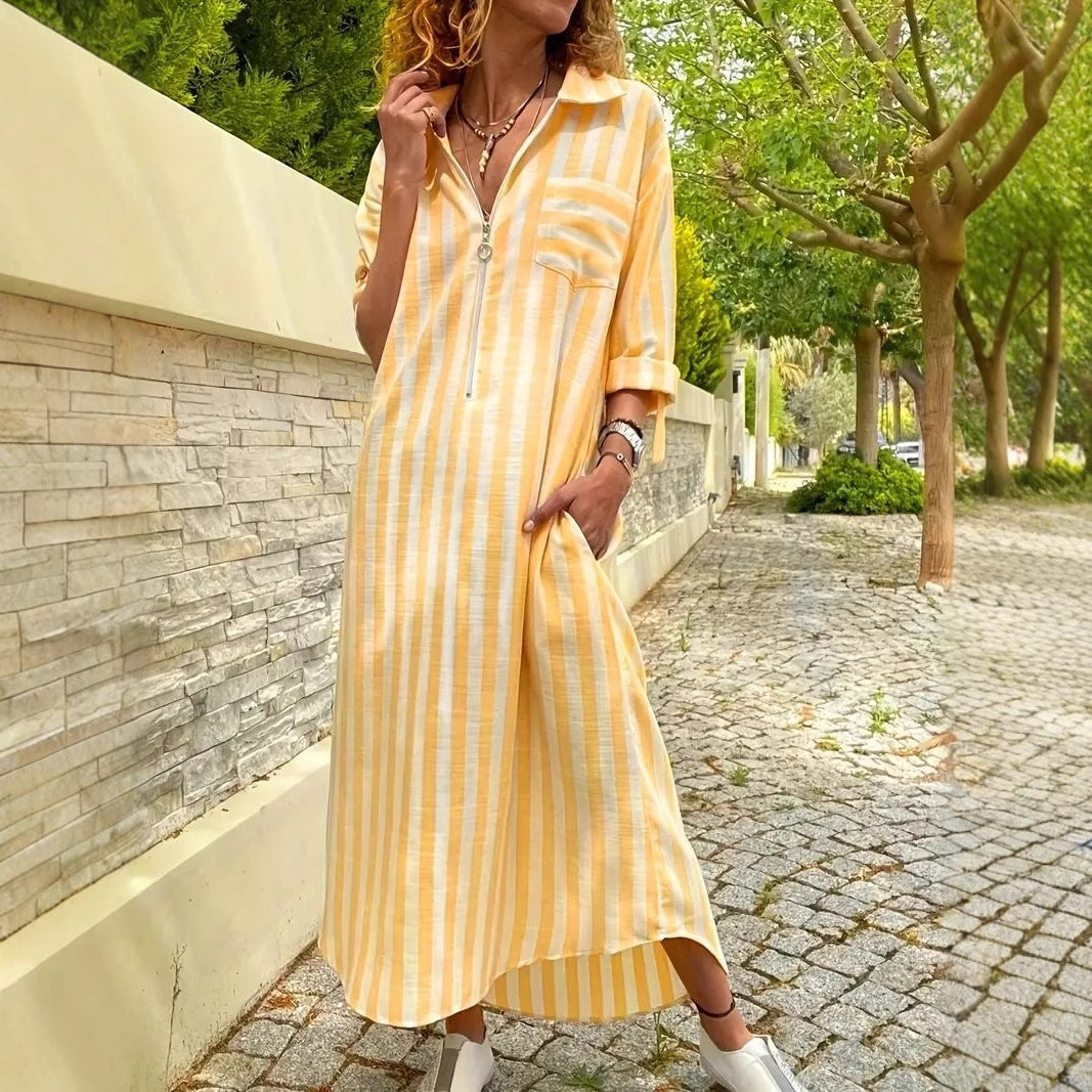 Women's Striped Maxi Shirt Dress Long Sleeve Casual A-Line