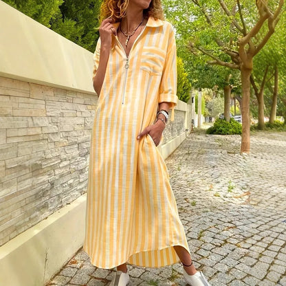 Women's Striped Maxi Shirt Dress Long Sleeve Casual A-Line