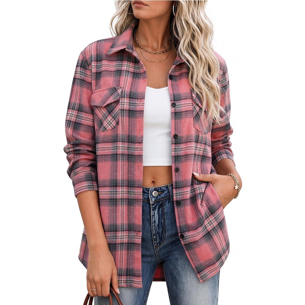 Womens Oversized Plaid Shacket Long Sleeve