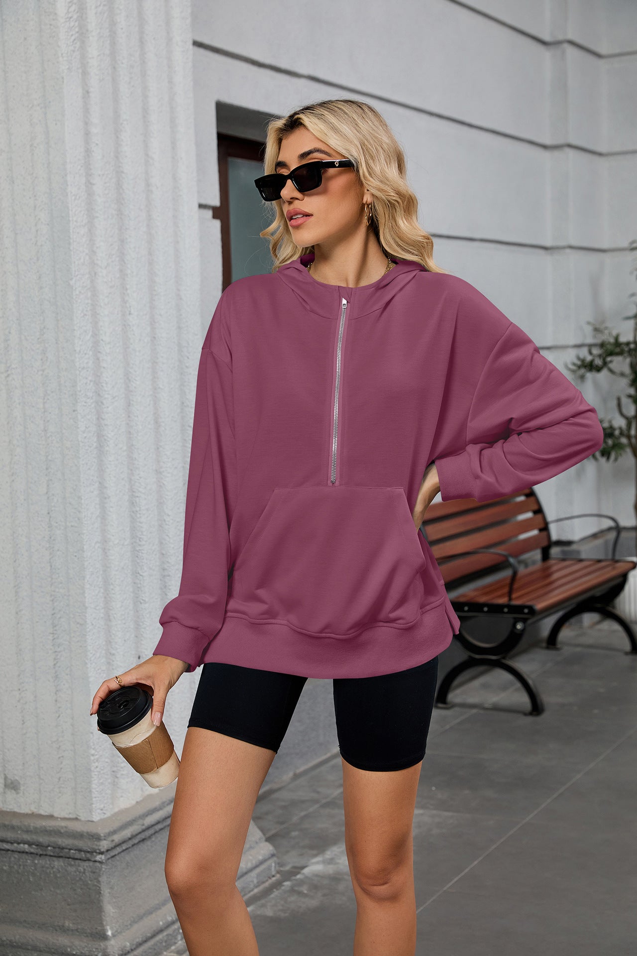 Womens Half Zip Hoodie Oversized Pocket Sweatshirt