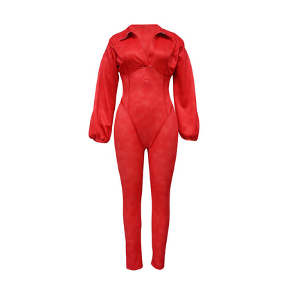 Sexy Ribbed Long Sleeve Zip Up Bodycon Jumpsuit