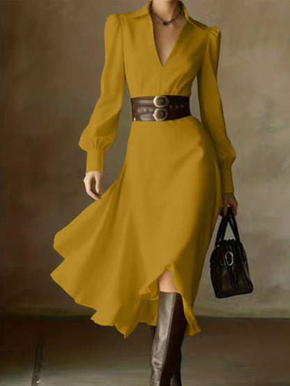 Women's White Collared Long Sleeve Pleated Maxi Dress