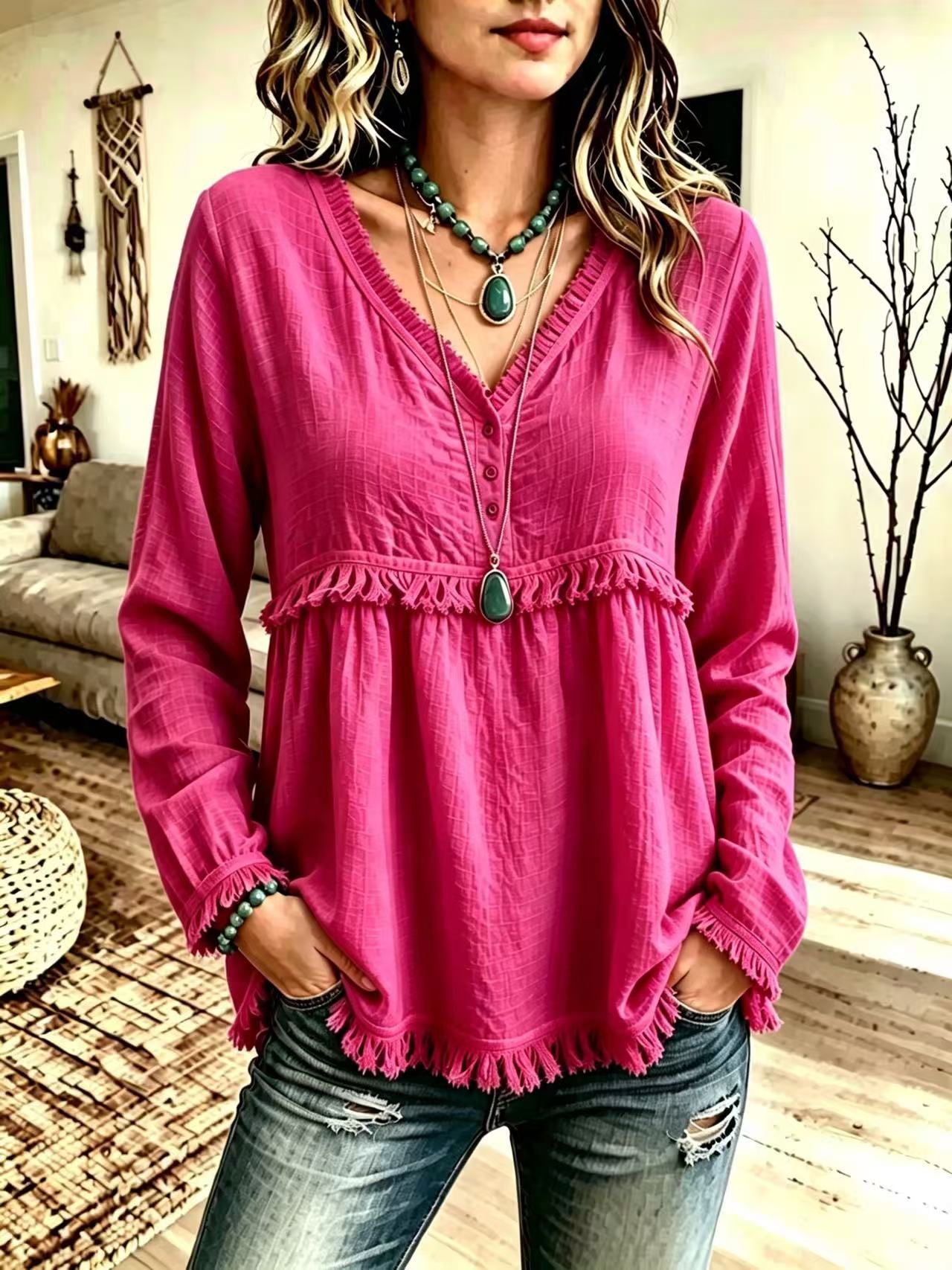Women's V-Neck Fringe Long Sleeve Casual Blouse