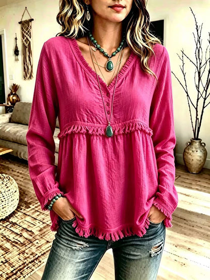 Women's V-Neck Fringe Long Sleeve Casual Blouse