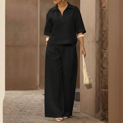 Women's Solid Matching Set Wide Leg Pants Collared Top