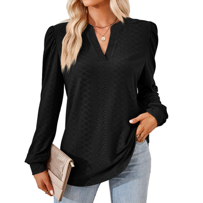 Women's V Neck Puff Sleeve Textured Tunic Top Long Sleeve