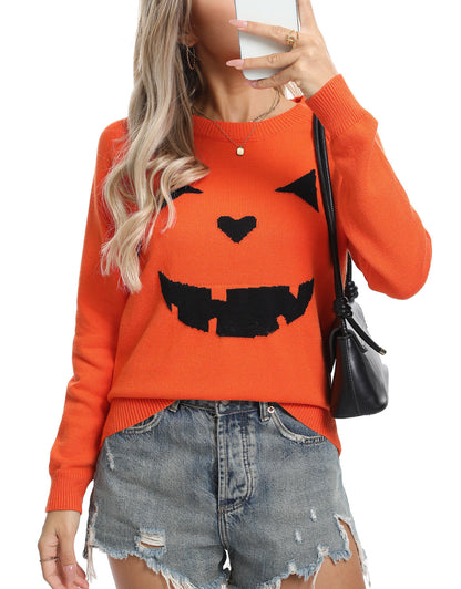 Women's Halloween Pumpkin Crewneck Knit Sweater