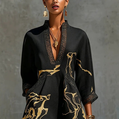 Boho V Neck Lace Trim Gold Abstract 3/4 Sleeve Mini Dress