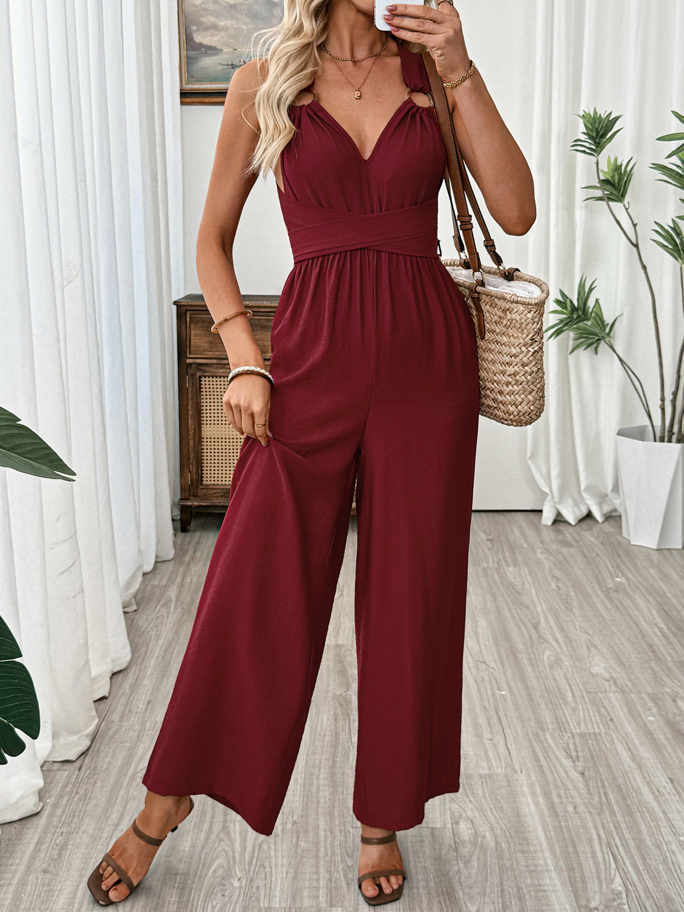 Burgundy Open Back Tie Wide Leg Jumpsuit