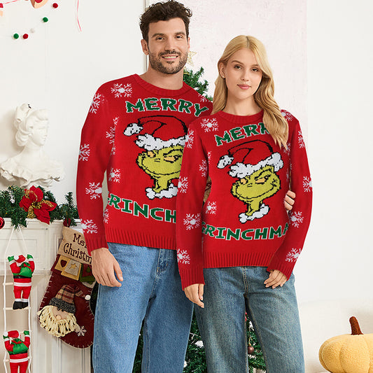 Family Matching Grinch Christmas Sweaters Red Knit Pullover