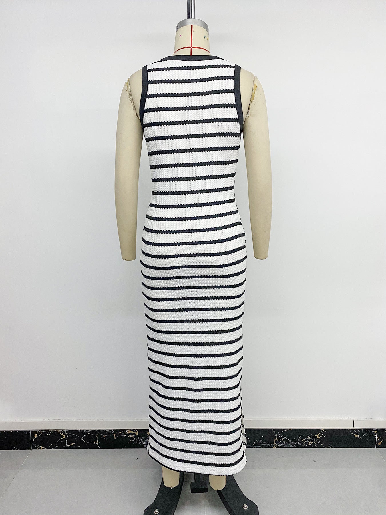 Striped Sleeveless Bodycon Midi Dress Side Slit Casual Summer
