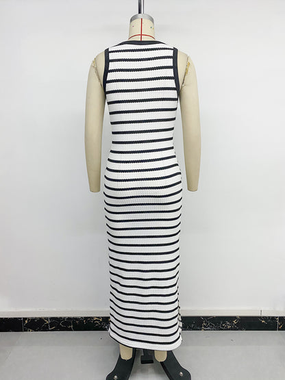 Striped Sleeveless Bodycon Midi Dress Side Slit Casual Summer