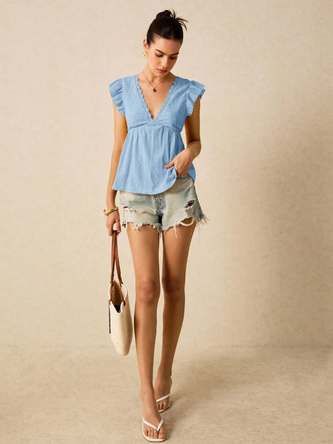 Eyelet Lace Flutter Sleeve V Neck Babydoll Blouse