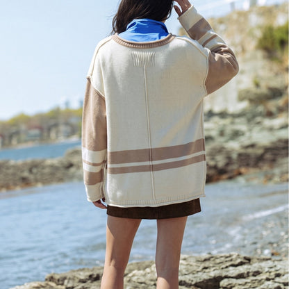 Women's Oversized Color Block Striped Crewneck Sweater