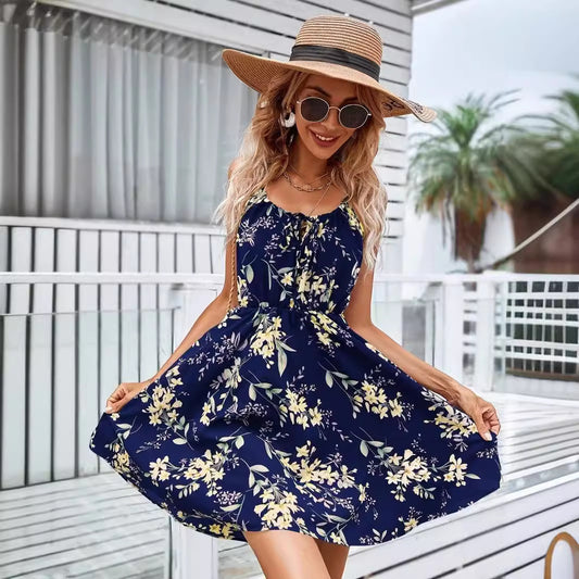 Elegant Sleeveless Pullover Dress Printed Elastic Waist Spaghetti Strap Short Skirt
